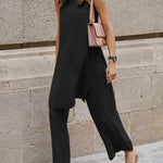 Summer Loose Casual Sleeveless Round Neck Split Blouse Wide Leg Pants Set