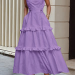 A-Line High Waisted Buttoned Pleated Pockets Solid Color Split-Joint V-Neck Maxi Dresses