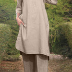 Cotton and linen V-neck 3/4 sleeve wide brimmed pants 2-piece set