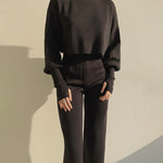 Women's Knitted Two Pieces Sets Turtleneck Cropped Sweater with High-waisted Flared Pants