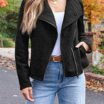 Zip Up Pocketed Faux Suede Moto Jacket