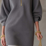 Exquisite Casual Lapel Front Zipper Three-quarter Sleeve Gray Waffle Mini Dress