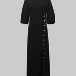 Loose Puff Sleeves Buttoned Split-side Mock Neck Maxi Dresses