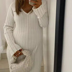 Long Sleeve Dress V-Neck Knit Maxi Dress Ribbed Elegant Long High Waist Pleated Dresses
