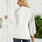 Nadorine V Neck Tops Solid Color Blouse Long Sleeve Pullover Lace Patchwork Shirt