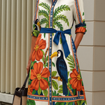 A-Line Long Sleeves Buttoned Contrast Color Flower Print Pockets Tied Waist Lapel Midi Dresses