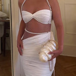 Imalia Stretch Mesh Pearl Trim Gathered Tank and Detachable Belt Vacation Maxi Skirt Set