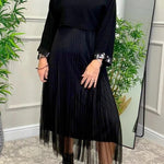 Fenna Ribbed Sequin Trim Batwing Sleeve Sweater and Pleated Tulle Stretch Tank Midi Dress Two-piece Set