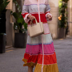 Puff Sleeves Contrast Color Split-Joint Round-Neck Maxi Dresses Shirt Dress