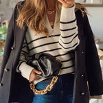 Striped Pattern Quarter Zipper Drop Shoulder Sweater Pullover