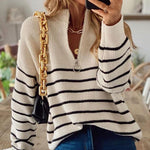Striped Pattern Quarter Zipper Drop Shoulder Sweater Pullover