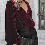 Red Velvet Surplice V Neck Bubble Sleeve Bodysuit