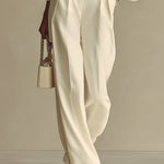 Women's Ivory Textured Set With Ribbed Crew Neck & High-Waisted Bottoms, Modern Sophisticated Style Set