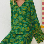 V-neck Bell Sleeve Green Floral Print Dress