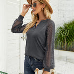 Nadorine V Neck Tops Solid Color Blouse Long Sleeve Pullover Lace Patchwork Shirt