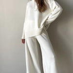 Solid Color Knitted Two Pieces Turtleneck Sweater Set Loose Top + Slit Trouser Pants