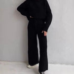 Nadorine Casual Street Loose Two-piece Sweatsuit Hooded Knitted Loose Top + Wide-leg Pants