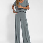 Nadorine Casual Two Pieces Set Short Sleeve V neck Tops and Wide Leg Long Pants