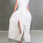Cap Sleeve Loose Buttoned Solid Color Split-Side Tied Waist Maxi Dresses Shirt Dress