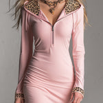 Sporty  High-stretch Pink  With A Half-zip And Partial Leopard Print Mini Dress
