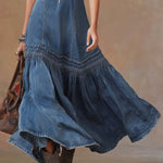 Elegant Vintage Western Tie-neck Sleeveless Bubble Hem Blue Denim Maxi Dress