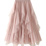 High-waisted ruffled patchwork mesh skirt