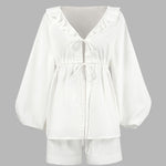 White Two-Piece Lantern Sleeve V-Neck Top and Shorts Set