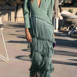 French V-neck long-sleeved tassel evening gown