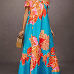 A-Line Loose Elasticity Flower Print Pleated Split-Joint Off-The-Shoulder Maxi Dresses