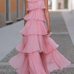 Elegant Pink Pleated Tiered Ruffle Maxi Gown