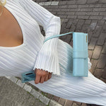 Long Sleeve Dress V-Neck Knit Maxi Dress Ribbed Elegant Long High Waist Pleated Dresses