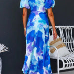 V Neck Twist Front Puff Sleeves Floral Print Midi Dress