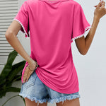 Pom-Pom Trim Flutter Sleeve Round Neck Tee Casual Blouses Tops