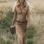 Retro Western-style Light Brown Sleeveless Tassel Midi Dress