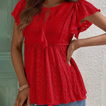 Nadorine Eyelet Tie-Neck Flutter-Sleeve Top Solid Color Casual Blouse for Women Casual Work Office Loose Fit 2026 | Under $40