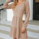 Solid Color Patchwork V-Neck Long Sleeves Loose-Fitting A-Line Dress