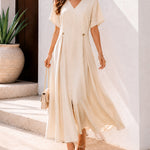 Women's Elegant V Neck Maxi Dress Casual Batwing Sleeve Pleated Long Dress Front Slit Shirred Vacation Dress