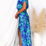 One Shoulder Tie Waist Slit Floral Print Maxi Dress