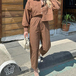 Solid Color Long Sleeve Crop Top with Pockets and High Waisted Nine-Quarter Pants Two-Piece Set