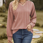 V-Neck Solid Color Twisted Knit Long Sleeve Loose T-Shirt Tops
