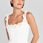 Cindy Faux Pearl Flower Applique Square Neck Pocketed Mini Dress