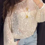 Shimmering Sequin Openwork Lantern Sleeve Blouse