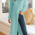 Margovil Solid Turtleneck Long Sleeve High Split Dresses
