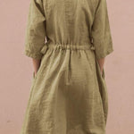 Lace-up V-neck cotton linen mid-sleeve dress