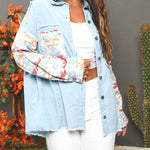 Frayed Denim Jacket Vintage Boho Tribal Button Down Patchwork Shirt Shacket