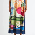 Seaside Holiday Satin Unique Print Knotted Scarf Top and Elastic Waist Loose Maxi Skirt Set