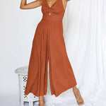 Nadorine Women's Casual Sleeveless Hollows High Waist Bodysuit Spaghetti Strap Loose Jumpsuit Overalls
