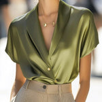 Loose Short Sleeves Solid Color V-Neck Blouses&Shirts Tops