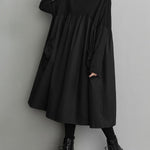 Simple Loose Black Split-Joint Long Sleeves Midi Dress