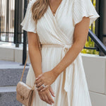 White Flutter Sleeve Wrapped Pleated Sashed Short Dress